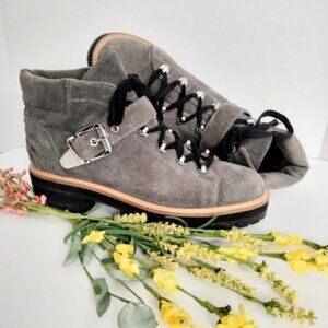 Marc Fisher Ltd Gray Indre Suede Boots 9.5M Buckle Lug Sole Hiker Moto Combat